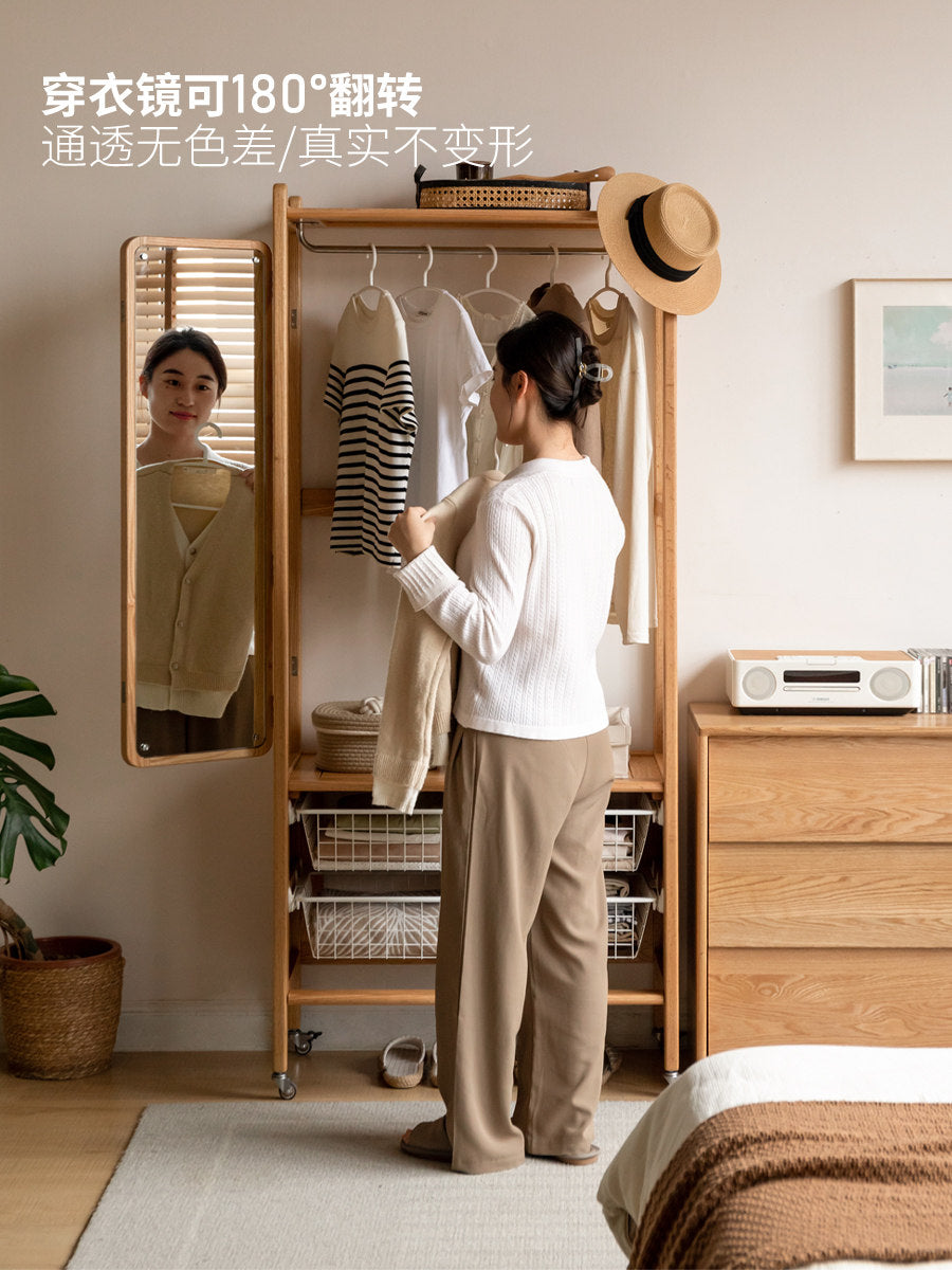Solid wood garment rack, small apartment storage shelf, bedroom floor mirror, Nordic multifunctional integrated coat and hat rack